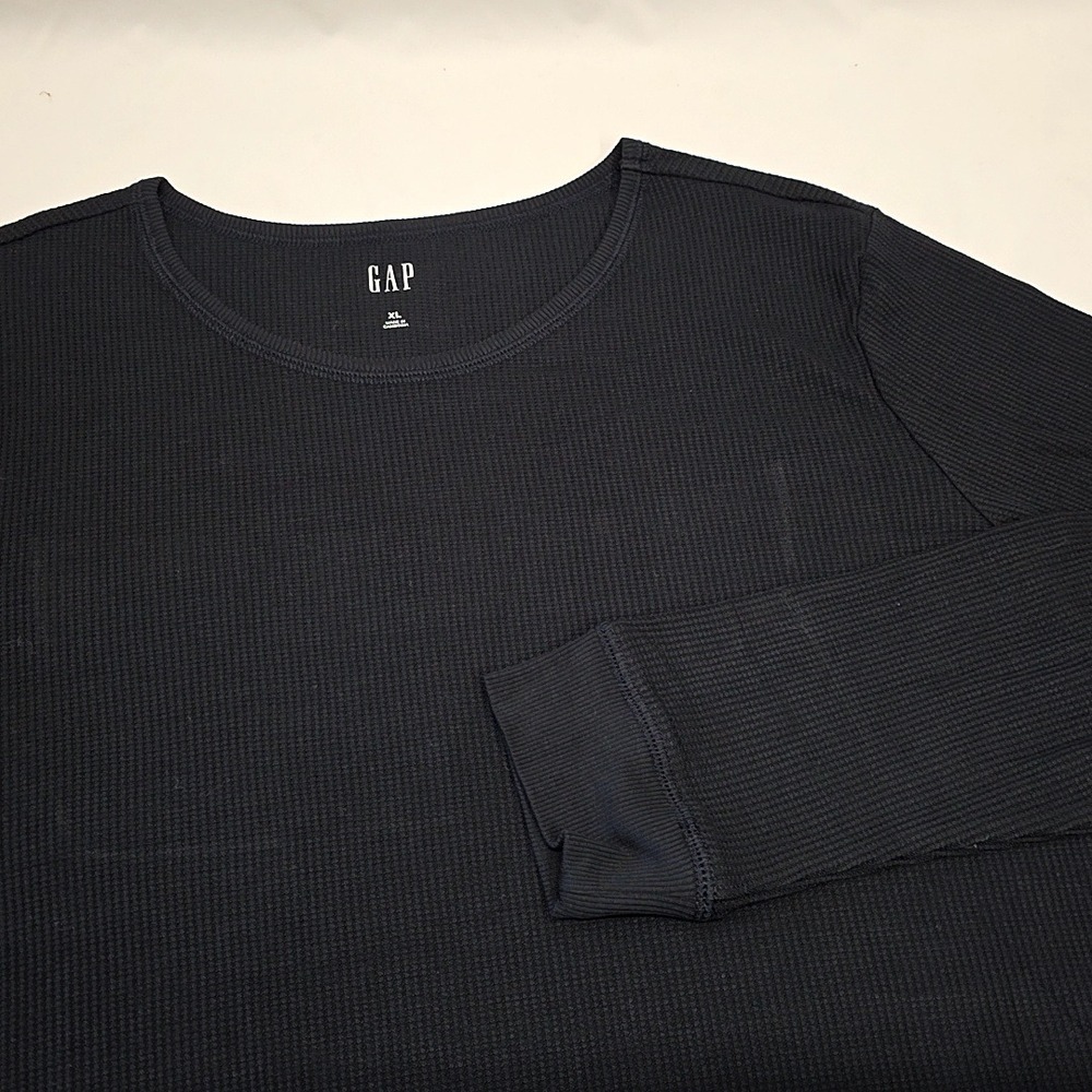 GAP Waffle Knit Top Women XL Black Long Sleeve Crew Neck Casual Thermal